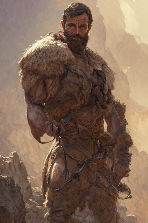 Image similar to portrait of a rugged ranger, muscular, upper body, hairy torso, D&D, fantasy, intricate, elegant, highly detailed, digital painting, artstation, concept art, smooth, sharp focus, illustration, art by artgerm and Greg Rutkowski and Alphonse Mucha