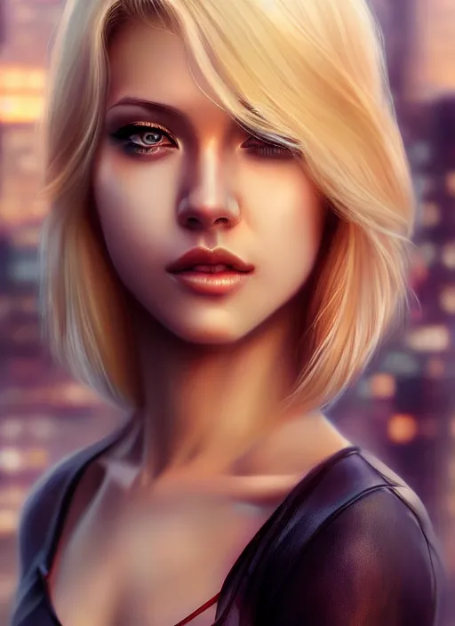 Image similar to photo of a gorgeous blonde female in the style of stefan kostic, realistic, half body shot, sharp focus, 8 k high definition, insanely detailed, intricate, elegant, art by stanley lau and artgerm, cyberpunk city backgeound