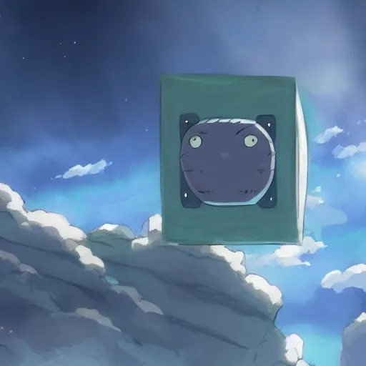 Image similar to an asymmetrical cell - shaded studio ghibli concept art study of a huge silver cube ufo in the sky. an elegant alien is on the ground. very dull colors,, hd, 4 k, hq