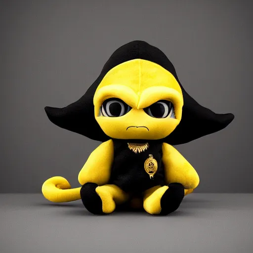 Prompt: cute fumo chibi plush imp, black and white with hearts, wearing the golden pauldron of the king in yellow, soft shadow, vray