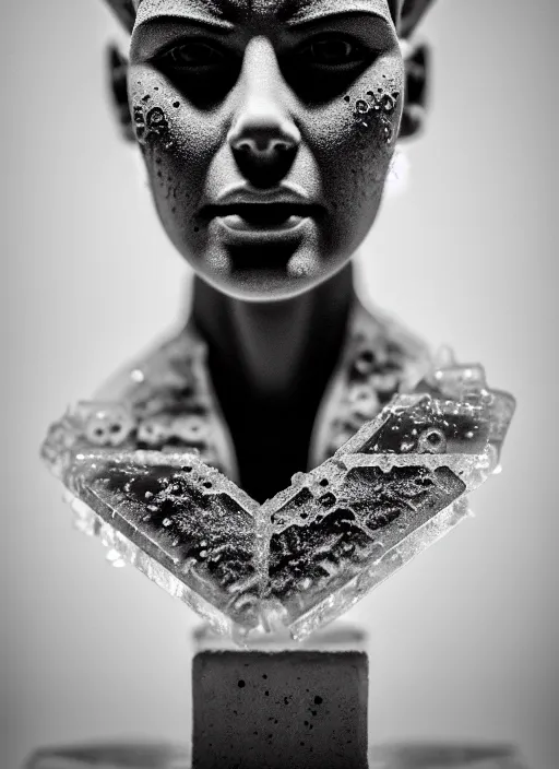Image similar to a young female cyborg bust made of ice and concrete, dramatic, ilford hp 5, closeup - view, f / 2. 8, high contrast, 1 6 k, fluorescent lamp, contre - jour, insanely detailed and intricate, hypermaximalist, elegant, ornate, hyper realistic, super detailed