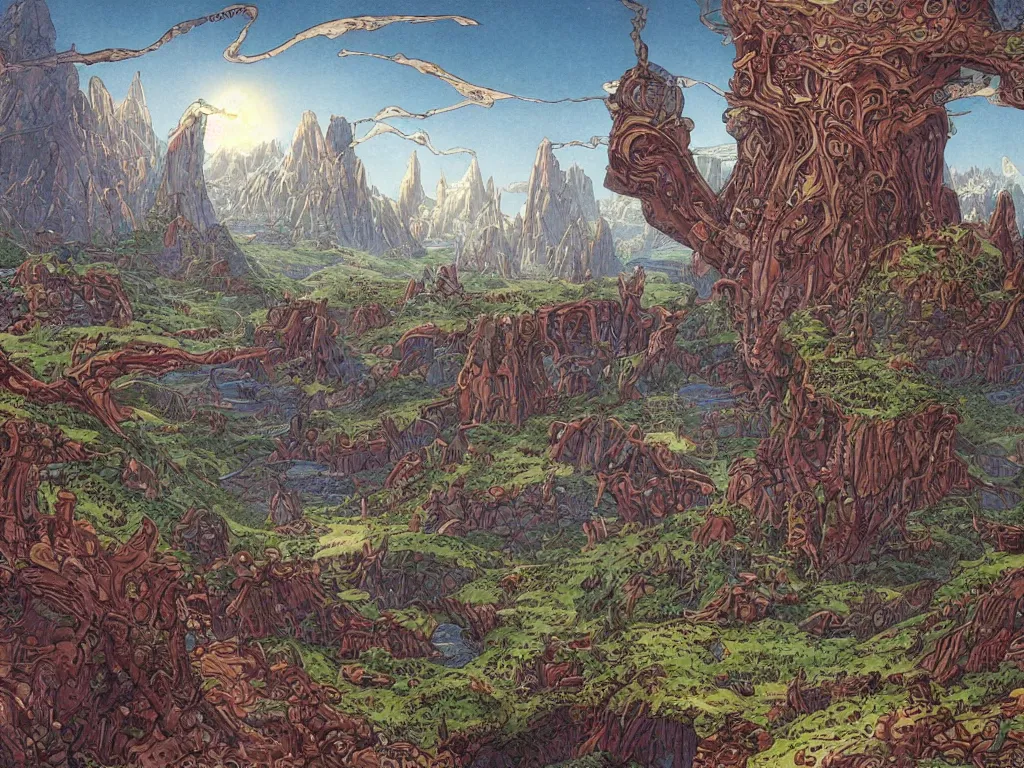 Image similar to fantasy landscape made by moebius with a 8 eyed humanoid god dealing cards over a medieval field