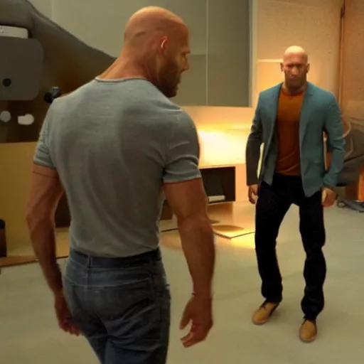 Prompt: ultrarealistic giant jason statham vs error bot