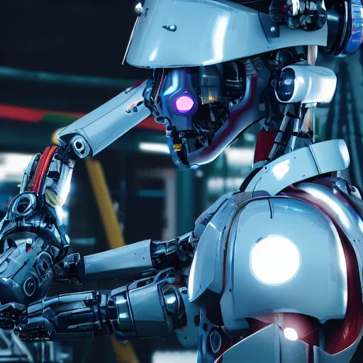 Image similar to a closeup shot of a robot being repaired in factory,cyberpunk,2077,big mecha,gundam,realistic,8k