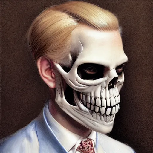 Image similar to Portrait of a suited blond with medical gloves and a skull face mask, by Gerald Brom and Kim Kyoung Hwan