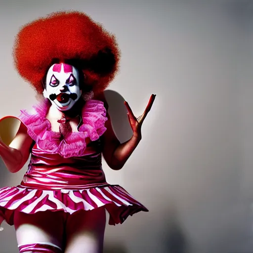 Image similar to female clown photo, wide angle lens, full body, photo by David LaChapelle