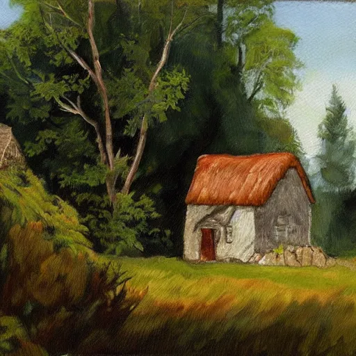 Prompt: painting of a cottage on the woods