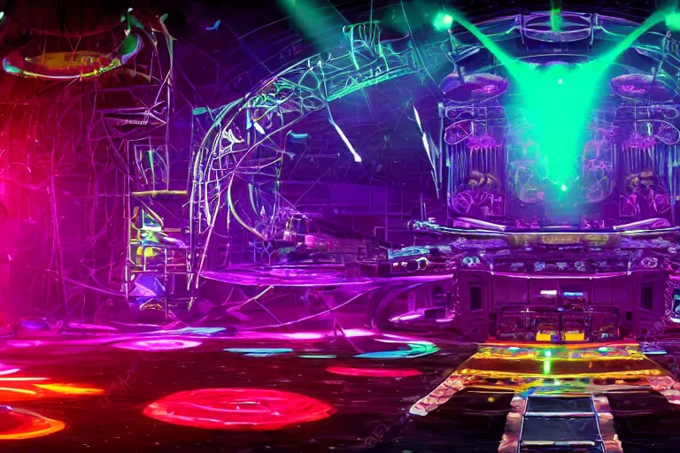 Image similar to a concert stage, big glowing letters over the stage tripmachine, center of the stage is a big futuristic steampunk generator surrounded by speaker towers, rock musicians on the stage, laser show, 8 k, fluorescent colors, halluzinogenic, multicolored, exaggerated detailed, unreal engine