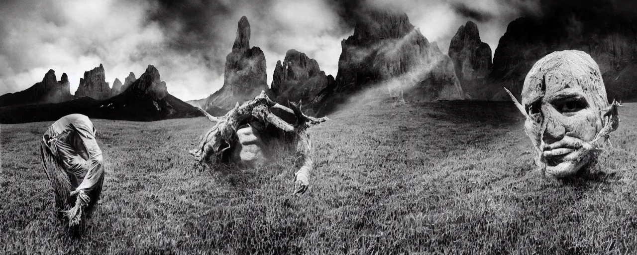 Prompt: mysterious scene of tyrolean farmer transforming into hay man with horns , dolomites in background, roots and edelweiss growing out of the body 35mm double-exposure photo, palm body, deep shadows, german expressionism, noir, slightly colorful, photorealistic, detailed smoke, natural bones and skin, natural textures, depth of field, ambient occlusion, motion blur, HD, masterpiece, volumetric, chromatic aberration by Richard Avedon, style of Ade Santora, perfect composition, masterpiece, intricate detailed