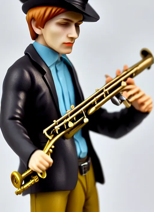 Prompt: 8 0 mm resin detailed miniature of a teenage boy with waist length dark blonde hair wearing a fedora and playing a clarinet, product introduction photos, 4 k, full body,