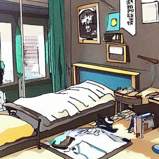 Prompt: a teenage boy's dark and slightly messy bedroom, super detail, studio ghibli