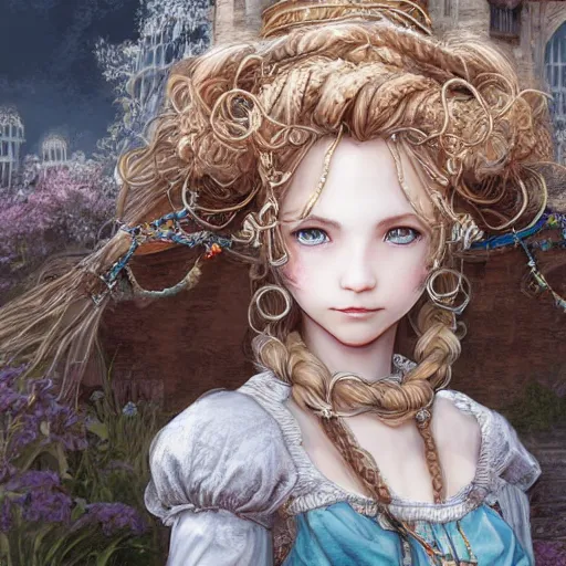 Prompt: character portrait of the white princess in the marketplace in the sky, color page, tone mapping, doll, Akihiko Yoshida, James_Jean_Andrei_Riabovitchev_Marc_Simonetti, Yoshitaka Amano, digital illustration, braided hair, ringlet, curls