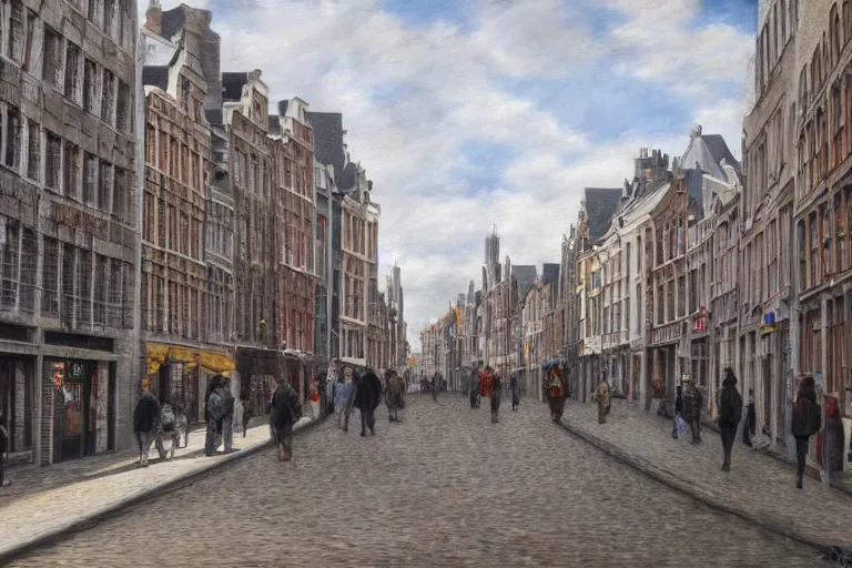 Image similar to street view of gent belgium, hyperrealism painting, wide angle, very detailed, high resolution