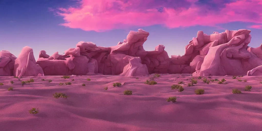 Image similar to artistic rendering of a cinematic shot of a scifi fantasy desertscape, beautiful pink sky, a purple - blue brutalist bulding, processing the soul of an ancient alien