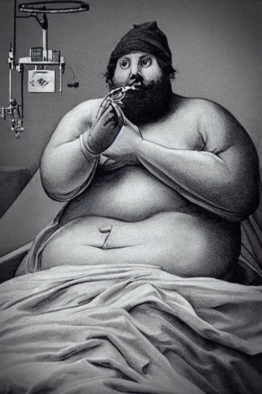 Prompt: “Bored Fat man with big beard in Hospital Bed with intravenous therapy. Medieval art”