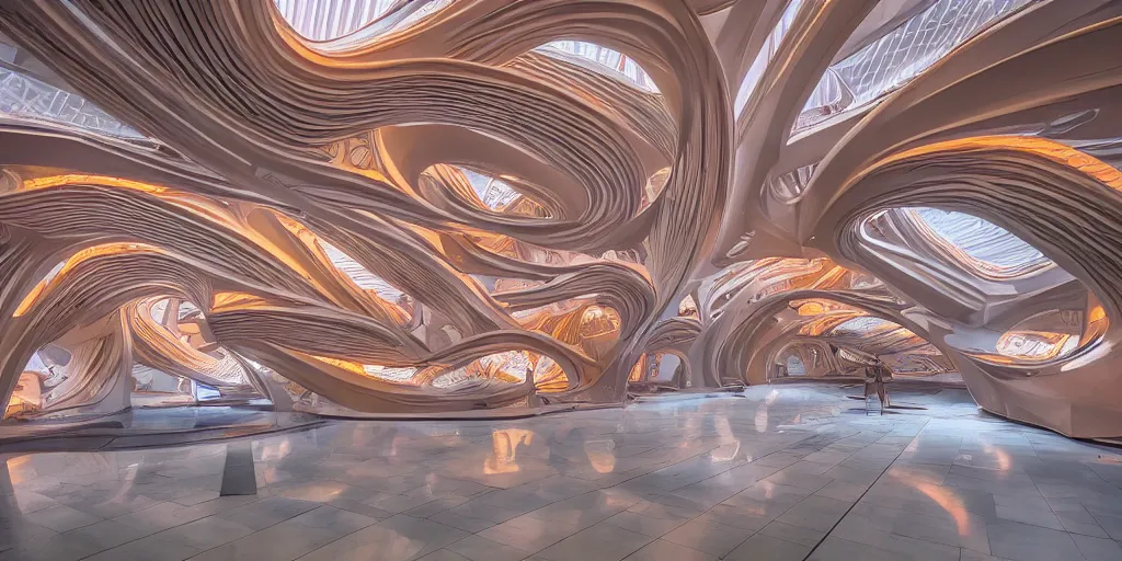 Image similar to extremely detailed stunning beautiful futuristic smooth curvilinear museum interior, colorful, hyper real, 8k, 3D cinematic volume light