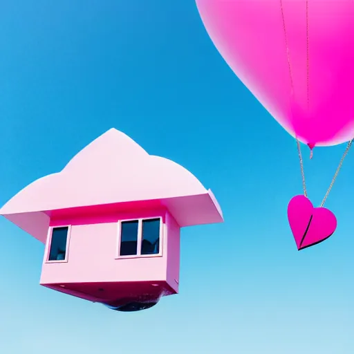 Image similar to a 5 0 mm lens photograph of a cute pink floating modern house, floating in the air between clouds, inspired by the movie up, held up from above by a heart - shaped ballon. mist, playful composition canon, nikon, award winning, photo of the year