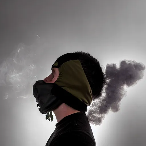 Prompt: a portrait of a teenager wearing a black balaclava in a tear gas cloud, facing camera, smoke, riot, photojournalism, f 2, nikon, studio portrait, haze, volumetric lighting, eerie
