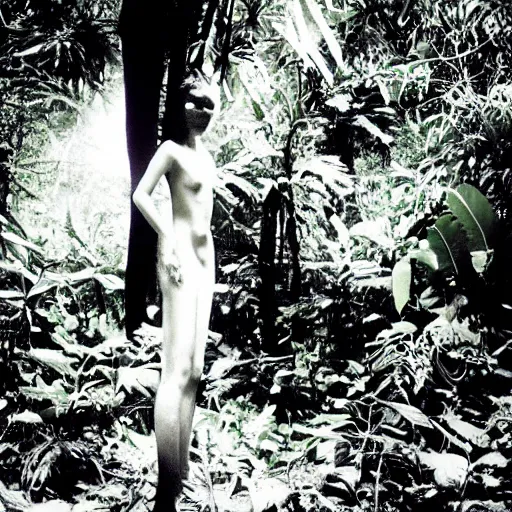 Image similar to photograph of a female model wearing camouflage by yohji yamaoto in a dense and misty jungle in the style of daido moriyama, camera obscura, 3 5 mm photography