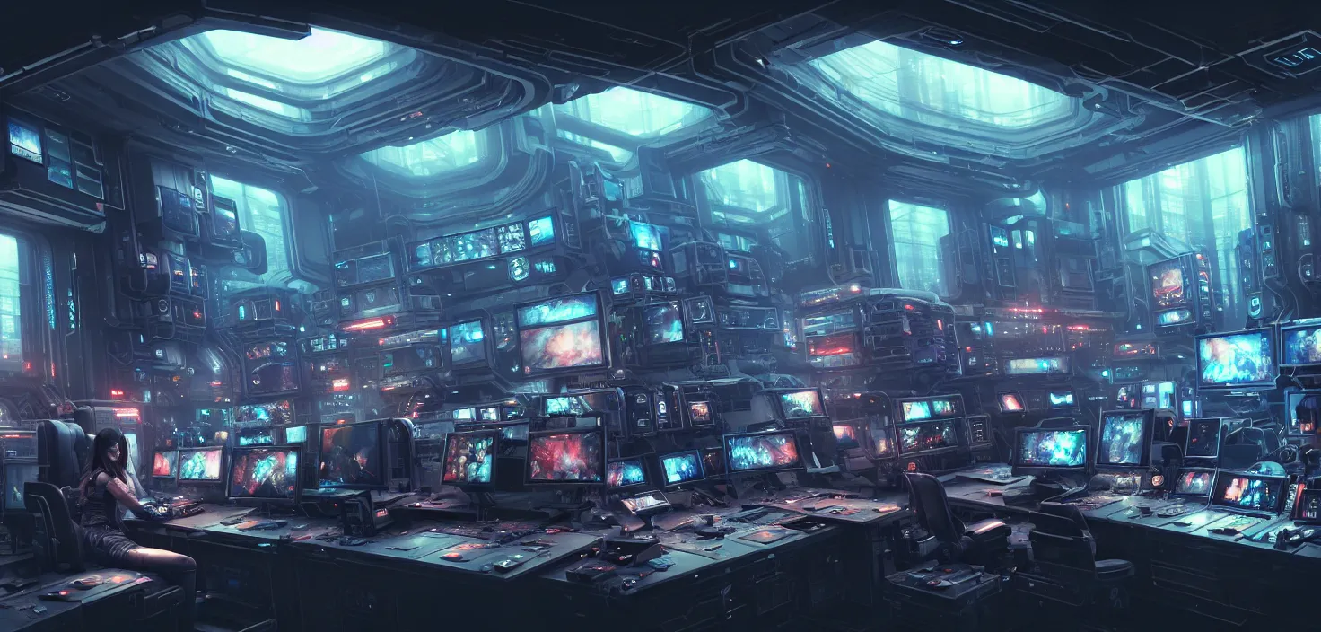 Image similar to a hyper detailed octane render concept art by xision wu, kerem beyit, sandara tang portrait of cyberpunk panel control spaceship room, dim lighting, detailed portraits, unreal engine 5, highly rendered, digital painting, hyper realistic, photo realistic, artstation, concept art, smooth, sharp focus perfect horizontal, symmetry illustration, detailed and intricate environment artstation hq