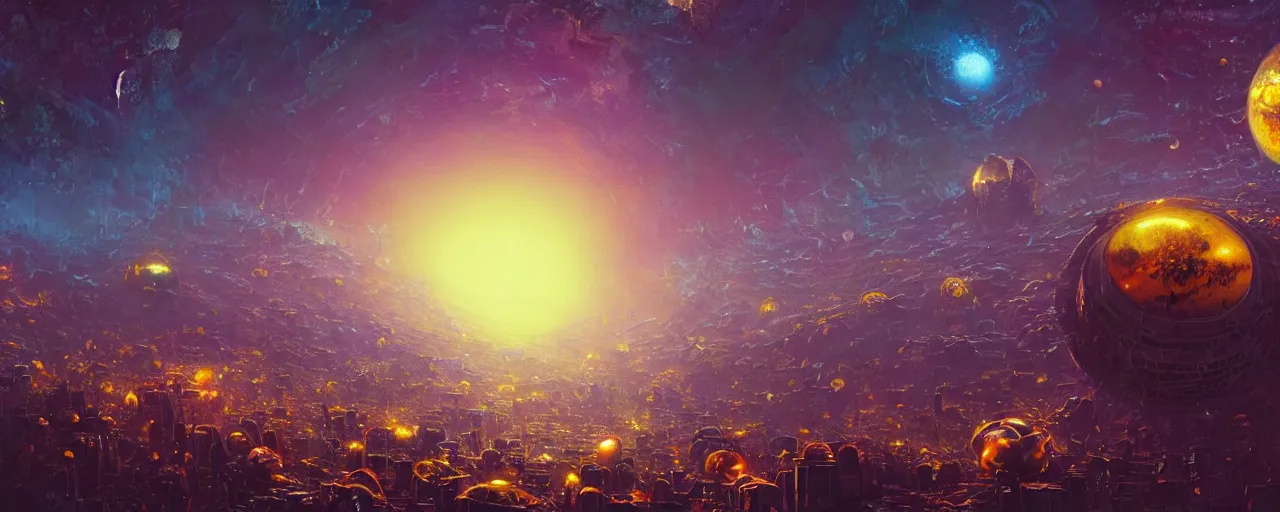 Prompt: outer planet covered in dripping honey with mega cities, [ art by paul lehr, cinematic, detailed, epic, widescreen, opening, establishing, mattepainting, photorealistic, realistic textures, octane render ]