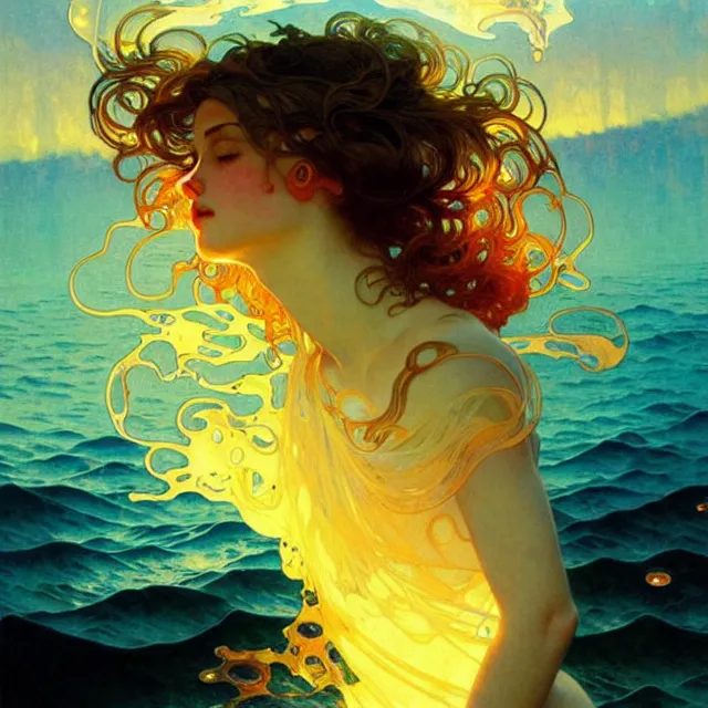 Image similar to ocean waves of glossy liquid psychedelic honey drops flowing like translucent amber, lsd waves, lsd ripples, backlit, sunset, refracted lighting, art by collier, albert aublet, krenz cushart, artem demura, alphonse mucha