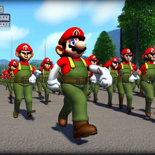 Image similar to mario as prison camp guard marching, wwii, officers uniform, ingame screenshot