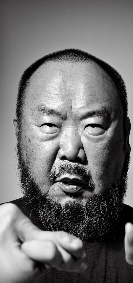 Image similar to Ai Weiwei looking angry into the camera showing his middle finger, blue soft light, 50 mm