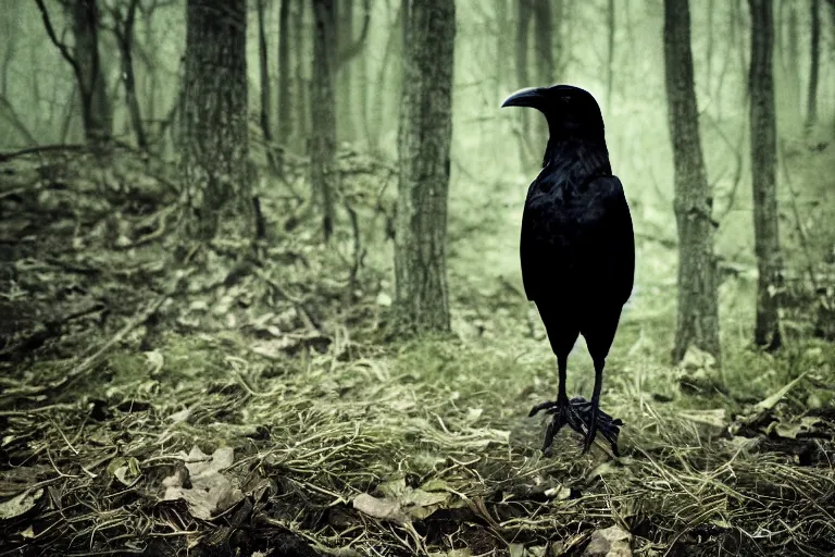 Image similar to human mixed with a crow, photograph captured in a dark forest