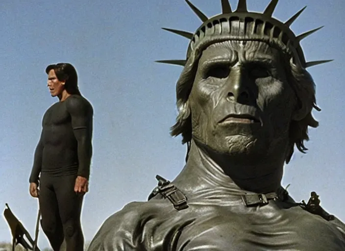 Image similar to film still of Christian Bale as George Taylor!!!!! at the buried statue of liberty in Planet of the Apes 1968