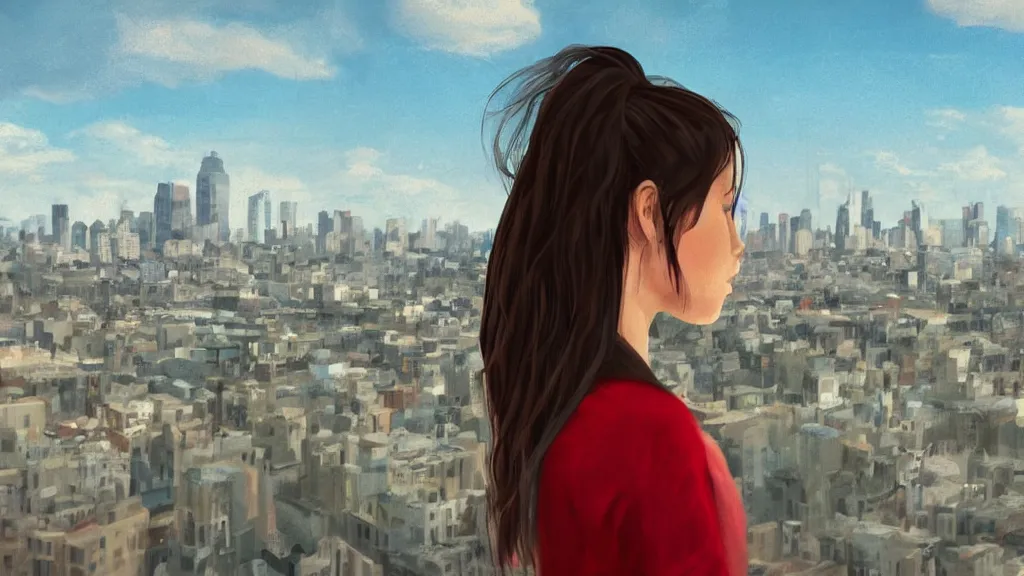 Prompt: a digital painting of a girl looking at a distant city