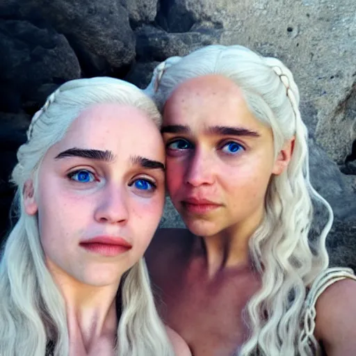 Image similar to a selfie of daenerys targaryen and daenerys targaryen, medium shot, detailed eyes,