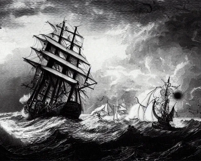 Prompt: “An engraving of a kraken attacking a sailing ship in a stormy sea by Gustave Dore”