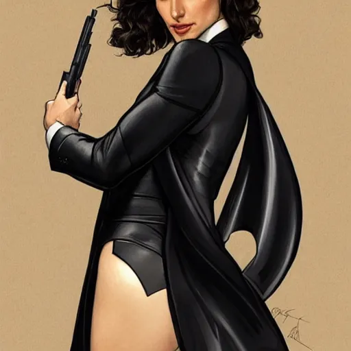 Image similar to gal gadot as james bond wearing a tuxedo, portrait, highly detailed, digital painting, artstation, concept art, sharp focus, illustration, art by artgerm and greg rutkowski and alphonse mucha