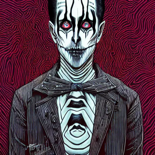 Image similar to detailed print of man wearing corpse paint. Artwork by Junji Ito and dan Mumford