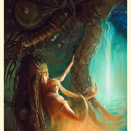 Image similar to birth of mami wata, sumerian goddess inanna ishtar, ashteroth, techno mystic goddess princess intergalactica, with aqua neon rapunzel dreadlocks, mami wata, detailed, by gaston bussiere, bayard wu, greg rutkowski, giger, maxim verehin, greg rutkowski, masterpiece, sharp focus,