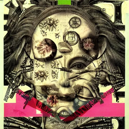 Image similar to post - punk new age album cover, asymmetrical design, dollar bank notes, capitalism, magic, apocalypse, psychedelic, black white pink, magic, giger h. r., giuseppe arcimboldo