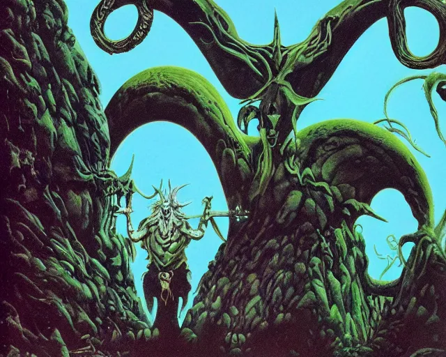 Image similar to roger dean 1 9 8 0 s heavy metal imagery satanic symbolism, illustration art, album art