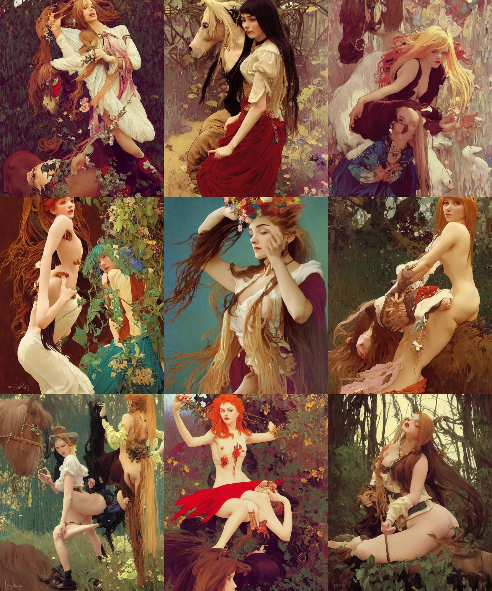 Prompt: pulp art, gorgeous maid, long hair blondie russian girl at witch ritual, wooden jewerly, huging horse, elegant, vibrant, smooth, by ilya kuvshinov, craig mullins, edgar maxence, alphonse mucha, artgerm, sakimichan