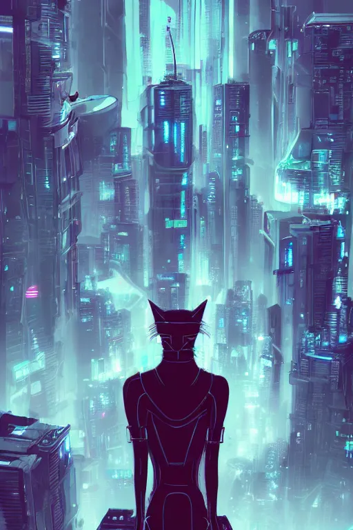 Prompt: a cyberpunk anthropomorphic cat with a fluffy tail staring over a futuristic city from the top of a roof, comic art, trending on furaffinity, cyberpunk, backlighting, cartoon, by kawacy