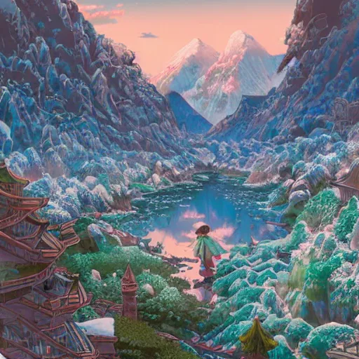 Image similar to the aesthetic view of the beautiful, grand, wistful, dreamy snowcapped mountain at dusk, hyperrealistic anime illustration by iralki nadar, colorful, extremely detailed, intricate linework, super sharp focus, bright colors, octopath traveler, studio ghibli, unreal engine 5 highly rendered, global illumination, radiant light, detailed and intricate environment