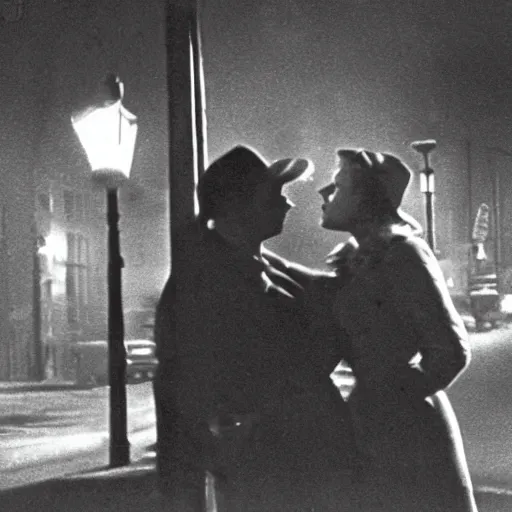 Image similar to random film still from a 1 9 4 0's film noir movie with a man and woman kissing under a street light