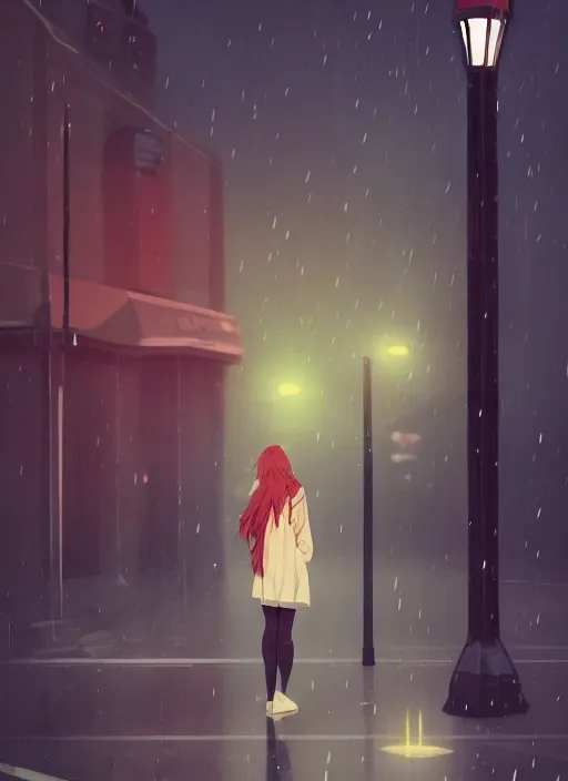 Image similar to listening to music at 2 am, night, pretty girl, pose, rain, lofi, lofi, peaceful, street light, anime key visual, poster, street wears, anime, by wlop, high quality, 4 k, trending, trending on artstation