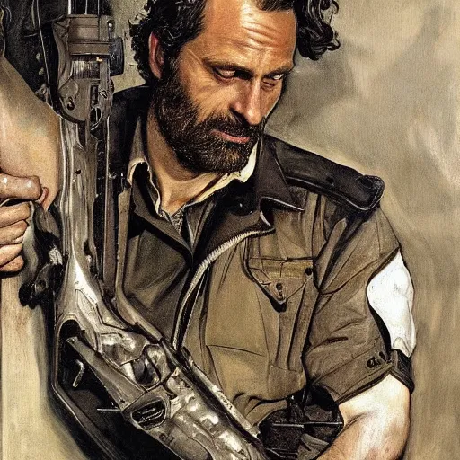 Image similar to rick grimes in prey picture by j. c. leyendecker and peter paul rubens, asymmetrical, dark vibes, realistic painting, organic painting, matte painting, geometric shapes, hard edges, graffiti, street art : 2 by j. c. leyendecker and peter paul rubens : 4