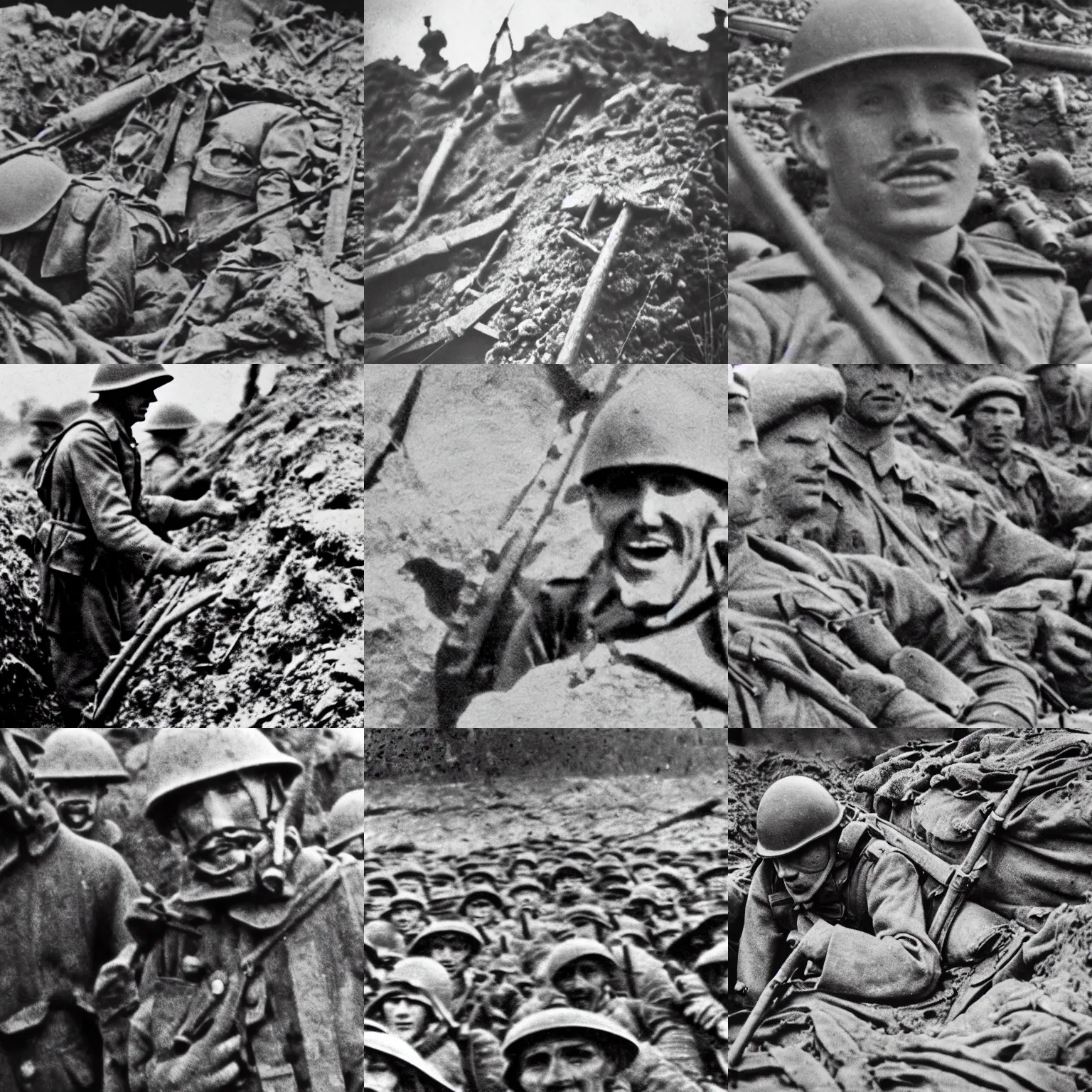 Prompt: close-up of Jerma985 in the trenches of world war one, Jerma, old black and white war photograph, film grain