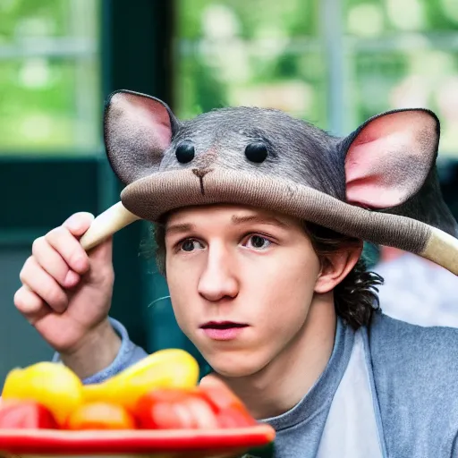 Image similar to variety - first picture of live action ratatouille shows tom holland with a real live rat on his chef's hat ( eos 5 ds r, iso 1 0 0, f / 8, 1 / 1 2 5, 8 4 mm, postprocessed, bokeh )