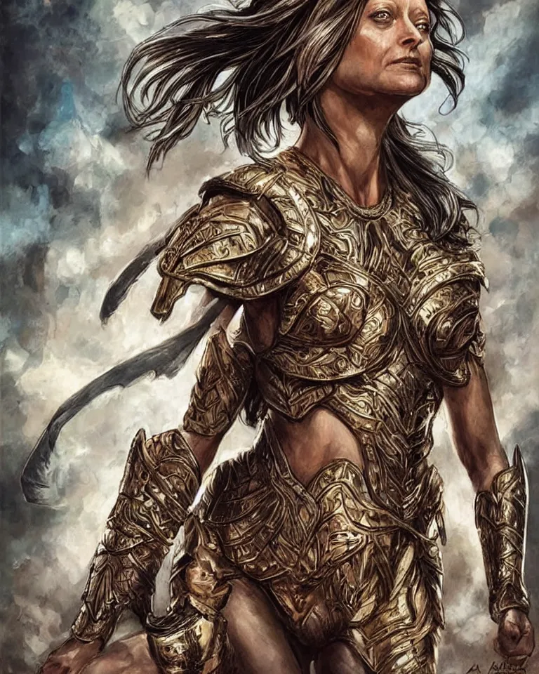 Prompt: jodie foster as an amazon warrior, tall and beautiful with brown skin and long hair, dressed in hellenistic body armor, intricate, elegant, highly detailed, smooth, sharp focus, detailed face, art by ardian syaf