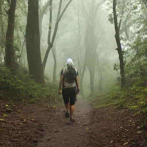 Prompt: photo of scp - 0 9 6, photo shot by tourists, hiking trail, scp - 0 9 6 is a hundred yards away, reduced visibility, overcast, high resolution, shot on nikon d 3 2 0 0