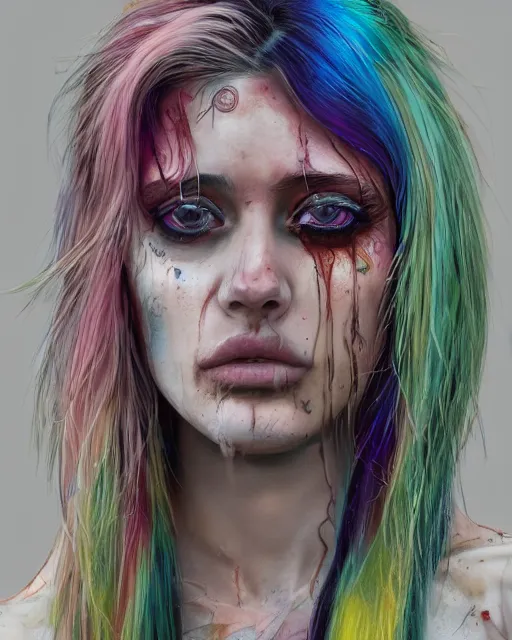 Prompt: realistic attractive grungy woman with rainbow hair, drunk, angry, soft eyes and narrow chin, dainty figure, long hair straight down, torn overalls, basic white background, side boob, tattooed, pierced, lip bite, wet shirt, wet, raining, highly detailed face, realistic face, beautiful detailed eyes, fantasy art, in the style of greg rutkowski, illustration, epic, fantasy, intricate, hyper detailed, artstation, concept art, smooth, sharp focus, ray tracing, vibrant,