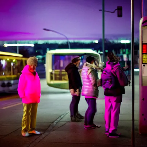 Prompt: People stand illuminated by pink light, at a bus stop in the dark k10